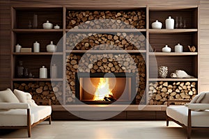 Decorating a beautiful fireplace room of Futuristic Style Install Wall Nooks for Firewood Storage. AI Generated