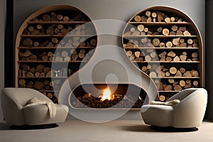 Decorating a beautiful fireplace room of Futuristic Style Install Wall Nooks for Firewood Storage. AI Generated