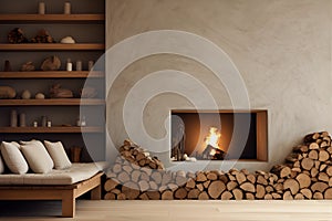 Decorating a beautiful fireplace room of Futuristic Style Install Wall Nooks for Firewood Storage. AI Generated