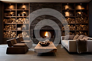 Decorating a beautiful fireplace room of Recognizable Style Integrate a Cozy Window Alcove. AI Generated