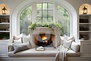 Decorating a beautiful fireplace room of Recognizable Style Integrate a Cozy Window Alcove. AI Generated