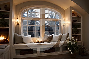 Decorating a beautiful fireplace room of Recognizable Style Integrate a Cozy Window Alcove. AI Generated