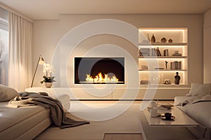 Decorating a beautiful fireplace room of Scandinavian Minimalist Style Install a Recessed TV. AI Generated