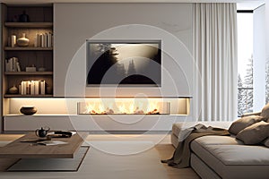 Decorating a beautiful fireplace room of Scandinavian Minimalist Style Install a Recessed TV. AI Generated