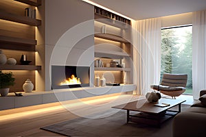 Decorating a beautiful fireplace room of Scandinavian Minimalist Style Install a Recessed TV. AI Generated