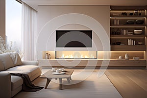 Decorating a beautiful fireplace room of Scandinavian Minimalist Style Install a Recessed TV. AI Generated