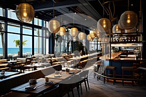 Decorating a beautiful restaurant of Coastal Modern Style Customizable Lighting Fixtures. AI Generated