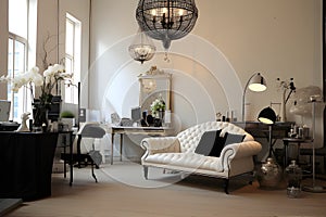 Decorating a beautiful studio room of French Chic Style Install Statement Lighting. AI Generated