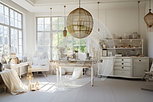 Decorating a beautiful studio room of French Chic Style Install Statement Lighting. AI Generated