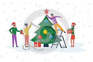 Decorating christmas tree cartoon style photo