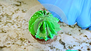 Decorating cupcakes with cactus-shaped buttercream frosting