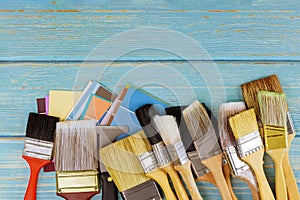 Decorating painting brush tools and color palette choice with copy space view photo