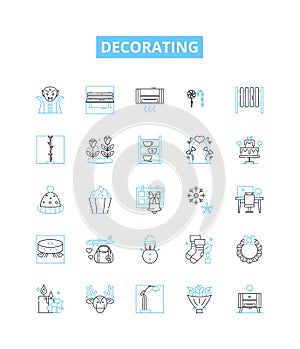 Decorating vector line icons set. Paint, Wallpaper, Furnishings, Curtains, Rugs, Carpets, Artwork illustration outline