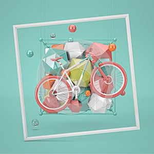 Decoration Abstract Geometric Shape with Mountain Bike Sport Concept Scene. 3d Rendering