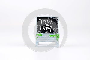 Decoration accessory label sign Trick or treat words white isolated