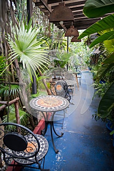 Decoration of blue floor and stone table in morocco style