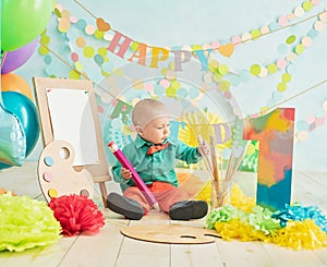 decoration for boy& x27;s first birthday, smash cake in a art painter style