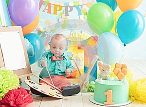 decoration for boy& x27;s first birthday, smash cake in a art painter style