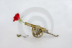 Decoration: brass cannon from the 1800 century with a rose,