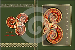 Decoration with Celtic triple trickle spiral ornament. Template for cover or greeting card. Celtic knot pattern. Luxury background