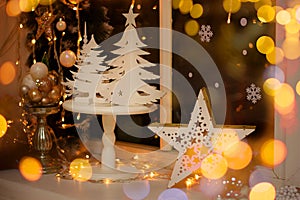 Decoration and christmas concept. Christmas decoration on the window sill. White Christmas.