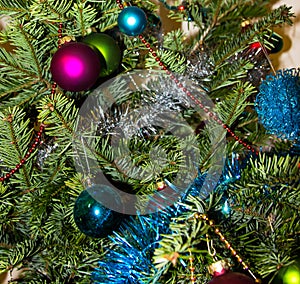 Decoration on Christmas tree. Happy Newyear. background image