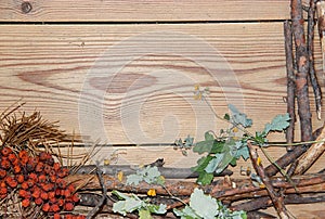 Decoration composition on wooden background boards lined made of