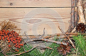 Decoration composition on wooden background boards made of branc