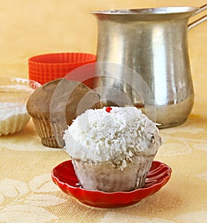 Decoration cupcake cream and coconut shaving