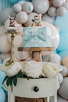 Decoration details of a birthday cake made for little boy girl, in blue and white