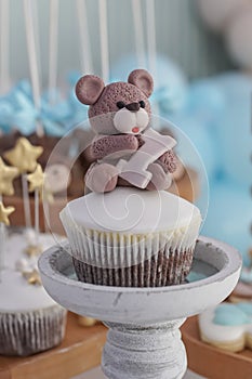 Decoration details of a birthday cake made for little boy girl, in blue and white. Teddy bear cakes