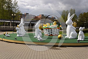 Decoration with Easter bunnies, basket and eggs in Moscow\'s Izmailovsky Park.