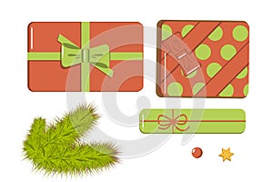 Decoration elements flat style set of icons - gift boxes, realistic fir branches, star and red bead for designing holiday poster,