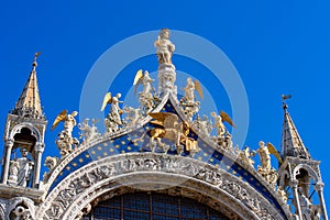 Decoration on the facade of St Mar`s Basilica at St Mark`s Square Piazza San Marco, Venice, Italy