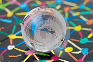 Decoration glass globe with Europe map on blackboard of colorful connecting dot as financial and economics network using as Euro