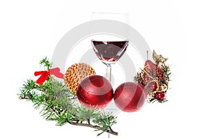 decoration with green pine or fir and blue snow roud ball ornaments with wine