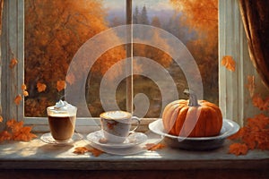 decoration for halloween holiday, a cup of hot latte and pumpkins on a windowsill, beautiful autumn landscape outside the window,