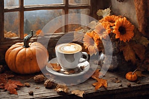 decoration for halloween holiday, a cup of hot latte and pumpkins on a windowsill, beautiful autumn landscape outside the window,