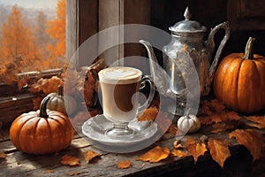 decoration for halloween holiday, a cup of hot latte and pumpkins on a windowsill, beautiful autumn landscape outside the window,