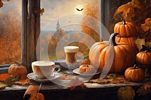 decoration for halloween holiday, a cup of hot latte and pumpkins on a windowsill, beautiful autumn landscape outside the window,