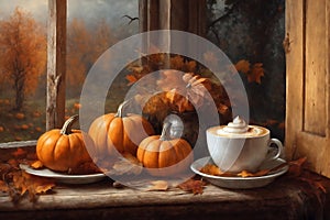 decoration for halloween holiday, a cup of hot latte and pumpkins on a windowsill, beautiful autumn landscape outside the window,