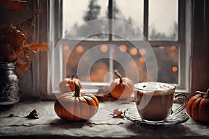 decoration for halloween holiday, still life, a cup of hot latte and pumpkins on a windowsill, beautiful autumn landscape outside