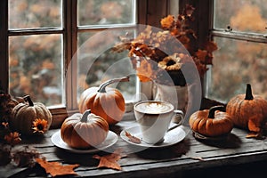 decoration for halloween holiday, still life, a cup of hot latte and pumpkins on a windowsill, beautiful autumn landscape outside