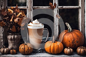 decoration for halloween holiday, still life, a cup of hot latte and pumpkins on a windowsill, with night outside the window,