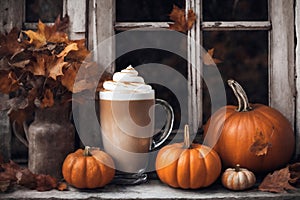 decoration for halloween holiday, still life, a cup of hot latte and pumpkins on a windowsill, with night outside the window,