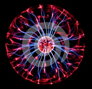 Decoration lamp in shape of plasma ball with red and blue electrodes