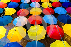 Decoration with open colorful umbrellas