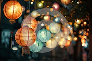 Decoration of paper lanterns on the night hanging the street during Chinese New Year Celebrations