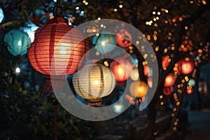 Decoration of paper lanterns on the night hanging the street during Chinese New Year Celebrations