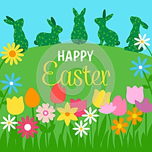 Decoration Rabbit shape topiary illustration Happy Easter greeting card